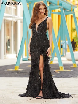 Сексуальное вечернее платье с глубоким V-образным вырезом и открытой спиной Блестящие пайетки Бусины Коктейльное платье Элегантные черные прямые выпускные платья Robe De Mariée