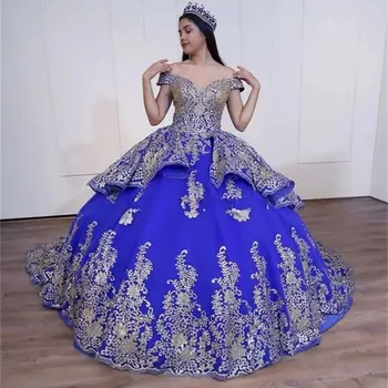 Royal Blue Princess Quinceanera Платья Бальное платье с открытыми плечами Аппликации Sweet 16 Платья 15 Años Мексиканская