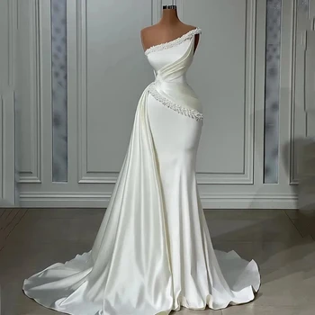 Одно плечо Русалка Свадебные платья Атлас Бисероплетение Свадебные платья Свадебные платья со рюшами Большие размеры Robe de Mariee