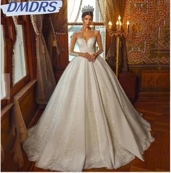 Скромный Длинный рукав Платье невесты в пол Блестящие пайетки Бусины Свадебное платье Роскошное бальное платье Свадебное платье Vestidos De Novia