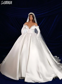 Романтический жемчуг Свадебное платье Элегантное атласное бальное платье Халат невесты Изящные свадебные платья в пол Vestidos De Novia