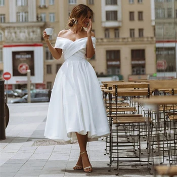 Сексуальные атласные свадебные платья с V-образным вырезом Плиссированные свадебные платья чайной длины 2021 Короткое свадебное вечернее платье vestido de novia