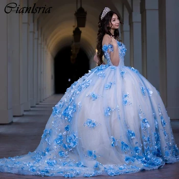 Голубой жемчуг Бисероплетение Бальное платье Quinceanera Платья с открытыми плечами 3D Цветочный кружевной корсет Vestidos De 15 Años