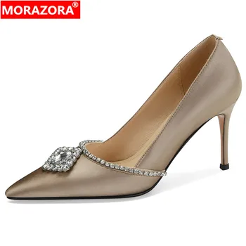 MORAZORA 2023 Новое скольжение на остром носке Шелковая женская обувь Элегантные женские свадебные лодочки со стразами Тонкие высокие каблуки Одиночная обувь
