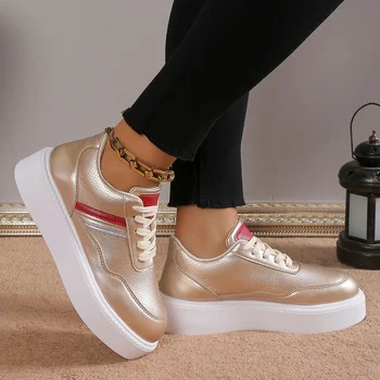 Большой размер 43 золотые кроссовки для женщин Весенняя вулканизированная спортивная обувь на шнуровке с низким верхом для женщин Повышающая нескользящая обувь для ходьбы
