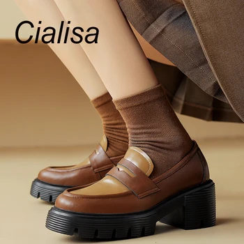 Cialisa Повседневные лоферы на платформе 2024 весна Новый Круглый носок Коричневая натуральная кожа ручной работы Удобная толстая женская обувь на высоком каблуке