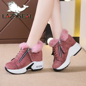 LazySeal 4 см Увеличение высоты Зимние зимние зимние сапоги на шнуровке Молния Розовая платформа Женская обувь Плюшевые теплые женские зимние сапоги