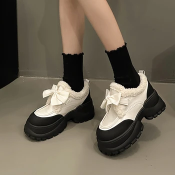 Обувь Женщина 2023 Повседневные женские кроссовки Лоферы в британском стиле с бантом и мехом Балетки Сабо с круглым носком Платформа Оксфорды Нью-Бьютт