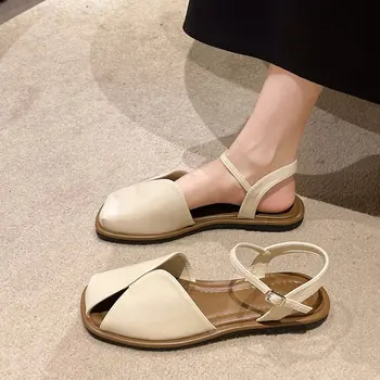 2023 Летние сандалии из искусственной кожи Женская обувь Сандалии на низком каблуке для женщин Обувь из натуральной кожи ручной работыЖенские сандалии