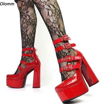 Olomm Новая мода Женщины Платформа Туфли Патент Массивные Каблуки Пряжка Круглый Носок Красный Ночной Клуб Обувь Дамы US Размер 5-15