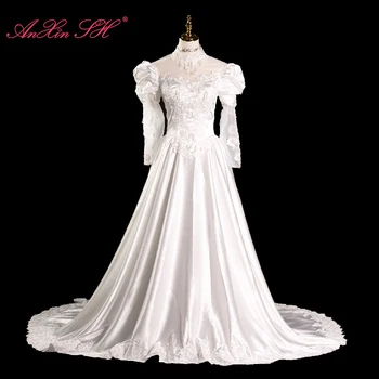AnXin SH винтажный белый атлас o шея бисер кристалл жемчуг иллюзия роза цветок кружево с длинным рукавом линия невеста свадебное платье