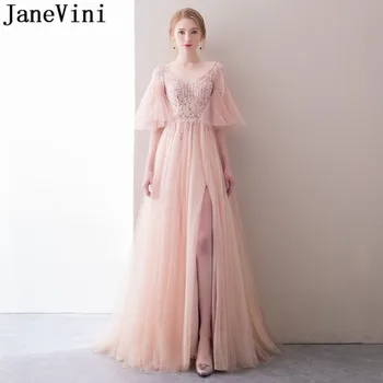JaneVini Роскошные коралловые розовые длинные выпускные платья Высокий разрез из бисера пайетки Тюль Свадебное платье 2018 Платья подружки невесты