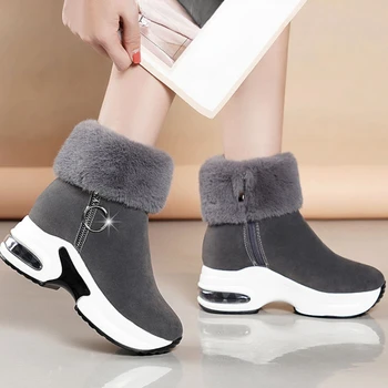 2023 Модная обувь для женщин Зимние теплые женские сапоги Сплошной цвет Круглый носок Флок Высокие каблуки Водонепроницаемая обувь на молнии Женская
