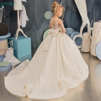Элегантное платье девушки из тюля для свадьбы жемчужная аппликация с длинным рукавом принцесса причастие день рождения праздничное платье