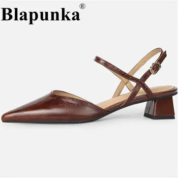Blapunka Высококачественные сандалии из натуральной натуральной кожи для женщин с острым носком, на среднем каблуке, на средних каблуках, с пряжкой, бордовый размер 33-40