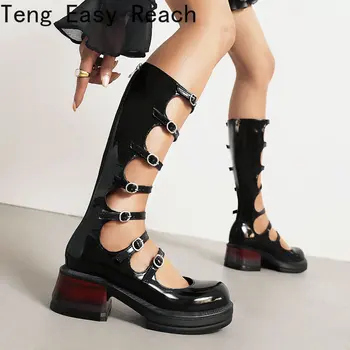 Летние женские панк готический шик платформа до колена сапоги мода крутая черная пряжка обувь женщина высокие сапоги плюс размер 35-45