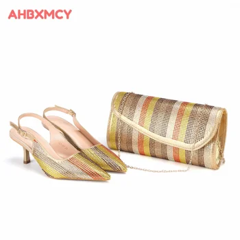 2024 Новая модная обувь золотого цвета с острым носком INS Style Подходящий набор сумок для офисов Дамская вечеринка в платье