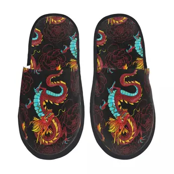 Пушистые тапочки Китайские драконы и пионы Плюшевые тапочки из пенопласта с открытым носком Зимняя обувь для помещений