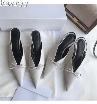 Сандалии с острым носком и узлом-бабочкой Черный белый каблук для котенка V-образным вырезом Обувь Muller Мода Женщины Свадебное платье Обувь