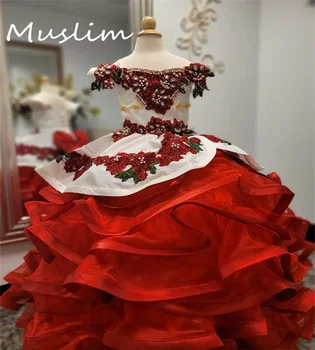 Роскошное мексиканское платье для девочек-цветов 2023 года с вышивкой Милое детское платье для конкурса Корсет из бисера Платье для торта Платье для маленькой девочки