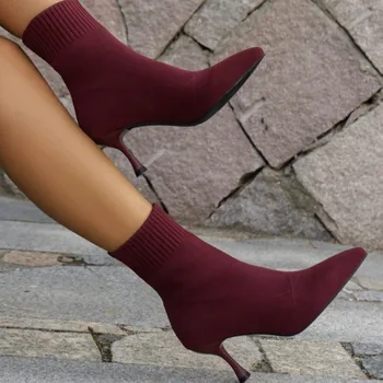 Обувь для женщин 2023 Новые женские сапоги из эластичного трикотажа Сексуальные ботильоны с острым носком и высоким каблуком Размер 43 Элегантная классическая обувь Женская