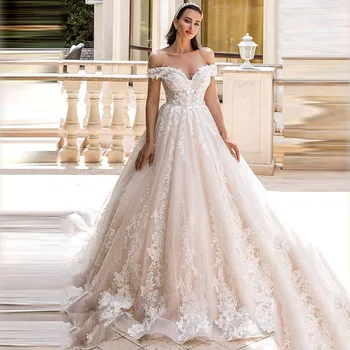  Роскошное бальное платье возлюбленной Кружевные аппликации с плечом Свадебные платья с открытой спиной на заказ Свадебное платье невесты больших размеров