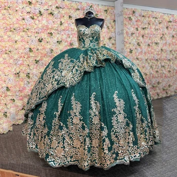 Зеленое бальное платье с открытыми плечами Quinceanera Платья 2023 Sweet 16 Princess Gold Кружевные платья для вечеринок с аппликацией Vestido De 15 Anos