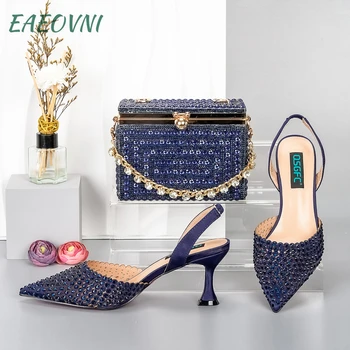 Итальянская мода Дизайн Темно-синяя косметичка Сумка с остроконечными туфлями на шпильке Благородное и щедрое украшение, полное бриллиантов