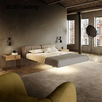 Современная двуспальная кровать с нежным горизонтальным плиссированным бархатным изголовьем со светодиодным ночником Маленькие левитирующие кровати