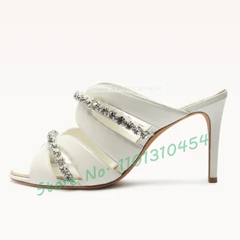 Блестящие кристально белые тапочки на каблуке Женщины Элегантная свадьба Шпилька Высокие каблуки Летние мюли Дамы Нежная вечеринка Обувь на высоком каблуке