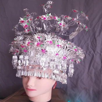 Этнические серебряные украшения Национальность Мяо головной убор серебряная шапочка феникс корона Косплей головной убор