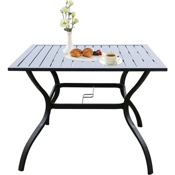  Обеденный стол на открытом воздухе, Металлический квадратный стол для бистро на заднем дворе, Садовый стол для уличной мебели с отверстием для зонта 1,57 дюйма, черный