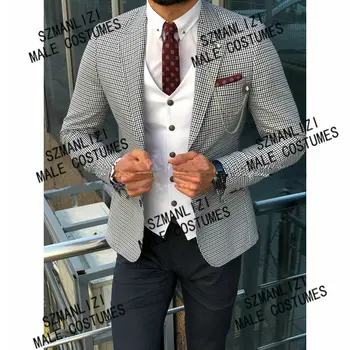 Повседневные деловые мужские костюмы из 3 предметов 2021 Houndstooth Party Blazer Свадебные костюмы жениха на заказ для мужчин Slim Fit Best Man Tuxedo