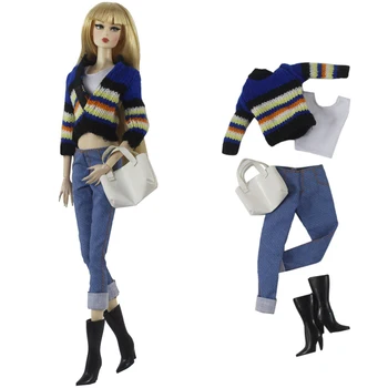 NK 1 Set Doll Ролевая студенческая одежда: синяя трикотажная куртка + топ + джинсы + сумка + ботинки для аксессуаров для куклы Барби