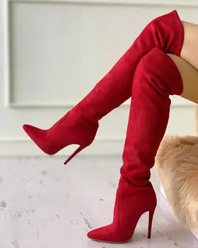 Рождественские женские сапоги Модные красные туфли Высокие каблуки Вечеринка Клуб Повседневная Остроконечный носок Над коленом Сапоги на тонком каблуке