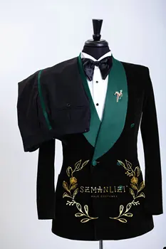 SZMANLIZI Черный бархат Двубортные мужские костюмы Зеленая шаль Смокинг с лацканом на свадьбе Костюмы для мужчин 2023 (Блейзер + Брюки)