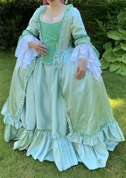 18 век Зеленое платье в стиле рококо Бальное платье королевы Марии-Антуанетты Костюм Ренессанс Колокольчик Рукава Аппликации Свадебное платье