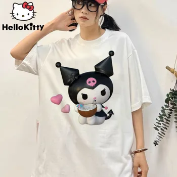 Sanrio Kuromi Летняя хлопковая мультяшная футболка с забавным принтом Сладкая сладкая милая футболка Y2k Свободные топы с коротким рукавом для женщин