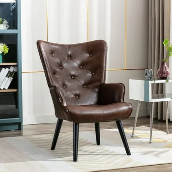DUTRIEUX HomSof Кожаный акцентный стул Кресло для отдыха с высокой спинкой и деревянными ножками, один размер, коричневый полиуретан