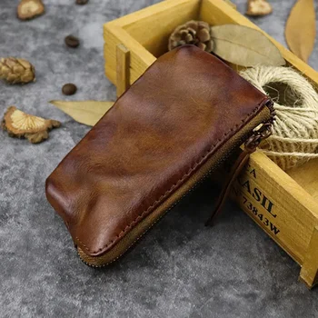 Кожаный кожаный кошелек для монет с растительным покрытием, ручная роспись в стиле ретро, длинная тонкая текстура, мини