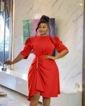 Элегантное лето африканское платье с коротким рукавом фиолетово-красное платье до колен из полиэстера Африканская одежда Женщины Африканские платья для женщин