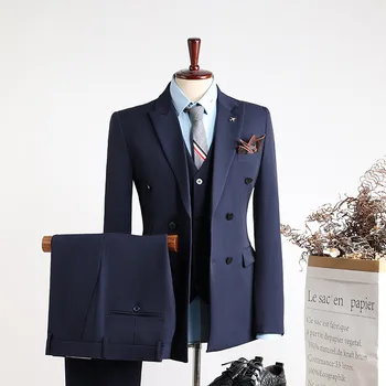Шикарные костюмы для мужчин Элегантное банкетное свадебное платье Синий мужской пиджак Комплекты Деловой формальный офис 3 шт. (блейзер + брюки + жилет)