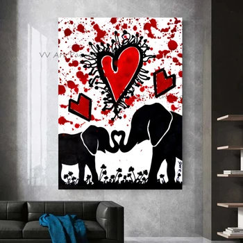 The Love Draw Handmade Современный абстрактный слон Картина маслом Холст Красочная картина с животными для декора гостиной График сердца
