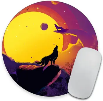 Круглый коврик для мыши Wolf Howl in The Moonlight Gaming Mouse Mat Водонепроницаемый нескользящий резиновый базовый коврик для мыши для офиса 7,9x0,12 дюйма