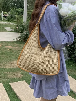  Повседневная женская соломенная пляжная сумка большой емкости 2023 Новый летний стиль отдыха Плетеные сумки через плечо Женская сумка для путешествий