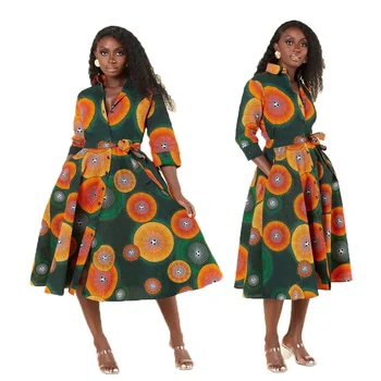 Мода Лацкан 2/3 рукава Африканское платье для женщин Африканская одежда Вечеринка Вечерние африканские платья Женское традиционное платье на шнуровке