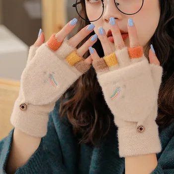 Женские вязаные флип без пальцев перчатки открытые варежки для пальцев Зимние теплые утолщенные перчатки Вязание шерсти Перчатки с сенсорным экраном