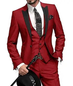 Lansboter Красный мужской костюм 3 шт. Slim Fit Бизнес Досуг Свадебный банкет Невеста Свадебный комплект Куртка Жилет С брюками