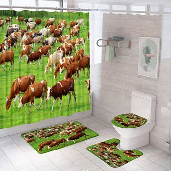 Farm Animal Cow Набор занавесок для душа Нескользящий ковер Коврик Крышка унитаза Коврик для ванны Зеленая трава Луговое дерево Ткань Шторы для ванной комнаты