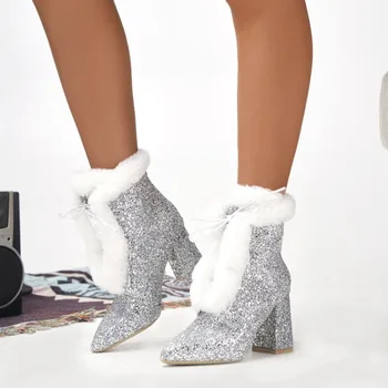 Новые ботильоны с пайетками для женщин 2023 Модные сапоги на квадратном каблуке с острым носком Женские сапоги на высоком каблуке Женские зимние теплые хлопковые туфли